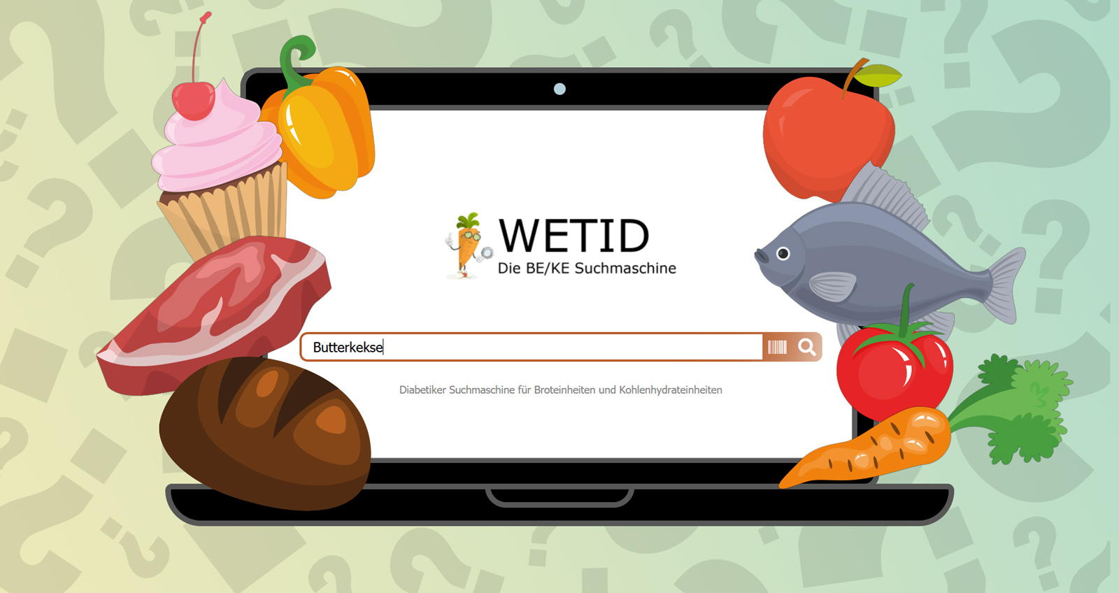 Ein Computer auf dem die WETID-Website geöffnet ist, drumherum Lebensmittel, im Hintergrund Fragezeichen
