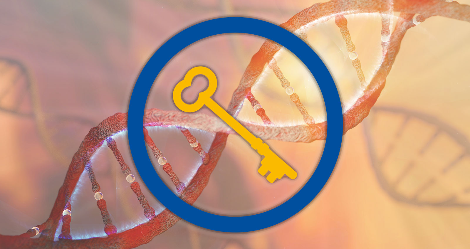 Gene entschlüsselt Ein Helixmodells eines Genstranges im Hintergrund, davor ein Schlüssel im blauen Diabeteskreis