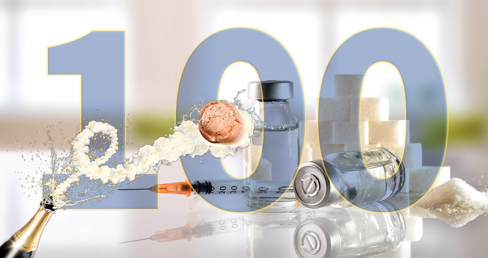 100 Jahre Insulin EIn Fläschchen Insulin und eine Spritze, davor eine Hundert und eine korkenknallende Flasche Sekt