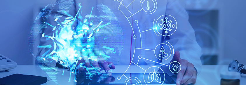 Eine Ärztin prüft medizinische Daten, davor ein Covid-Spike-Protein, welches in einer Grafik mit verschiedenen Symbolen für Erkrankungen verbunden ist