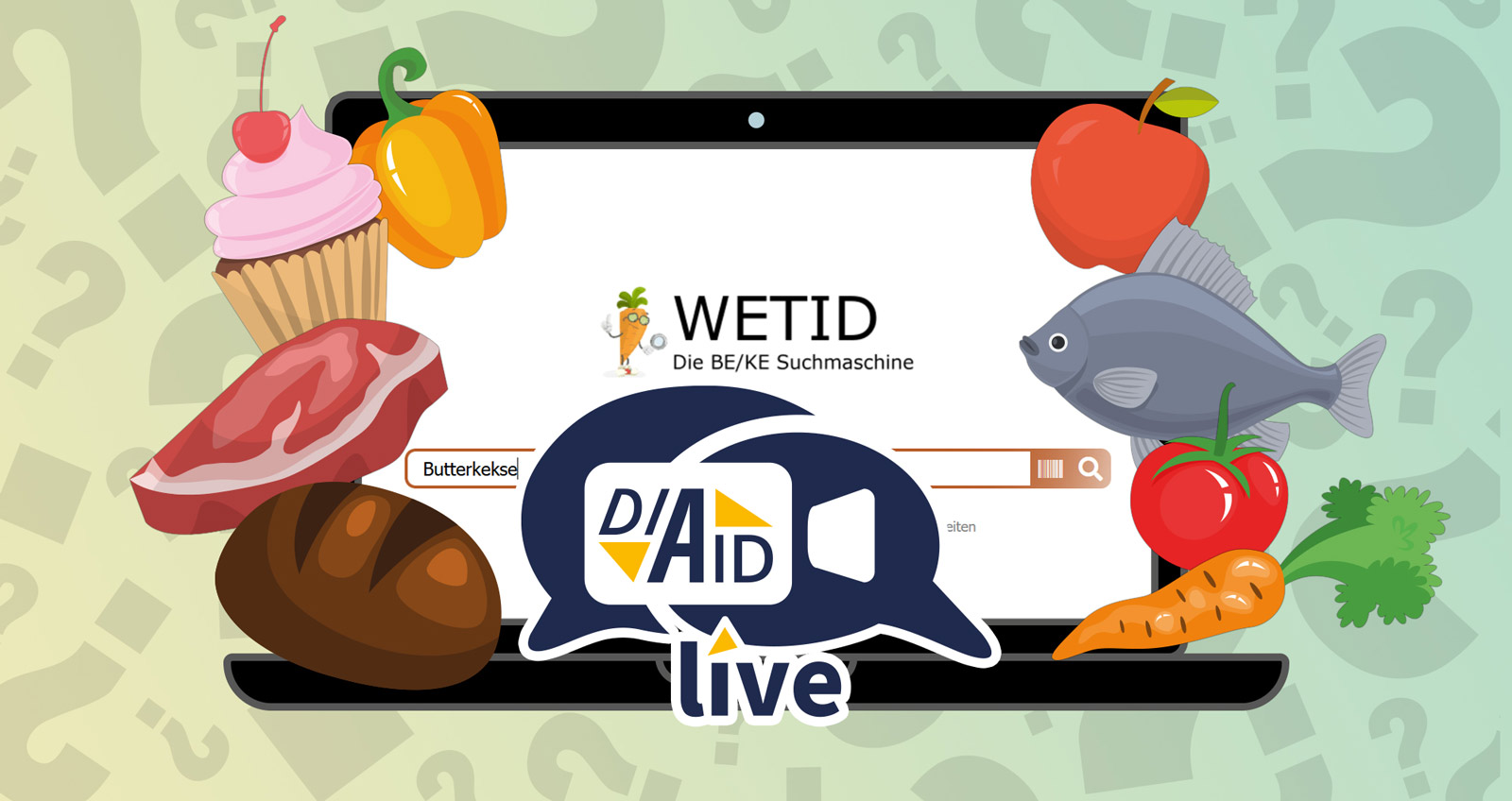 Ein Laptop mit der geöffneten WETID-Website. Drum herum sind Nahrungsmittel zu sehen