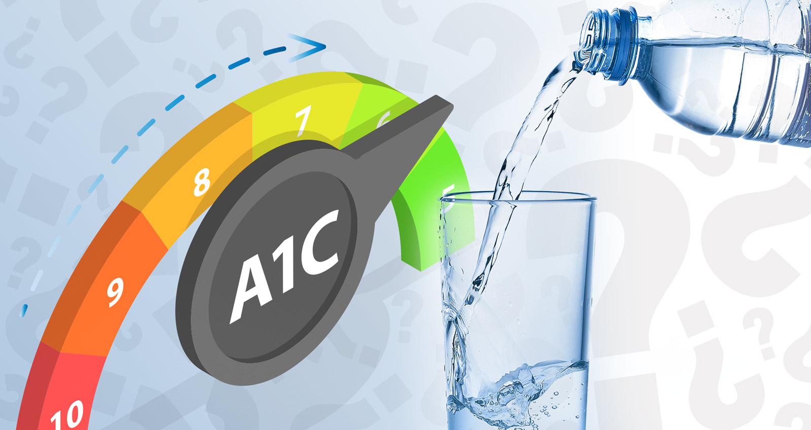 Eine Anzeige zeigt einen HbA1c von 6, davor ein Glas Mineralwasser, welches gerade eingegossen wird, im Hintergrund Fragezeichen