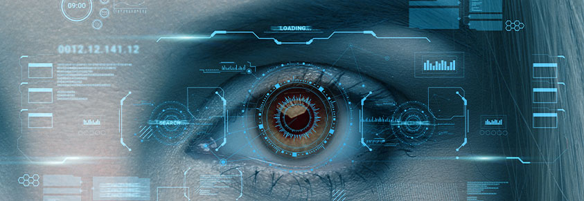 Retina-Scan des Auges, Collage mit futuristischen Daten auf virtuellem Bildschirm