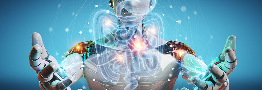 Futuristische Darstellung mit einem Roboter und digitalem Röntgen des menschlichen Darms, holographische Scan-Projektion