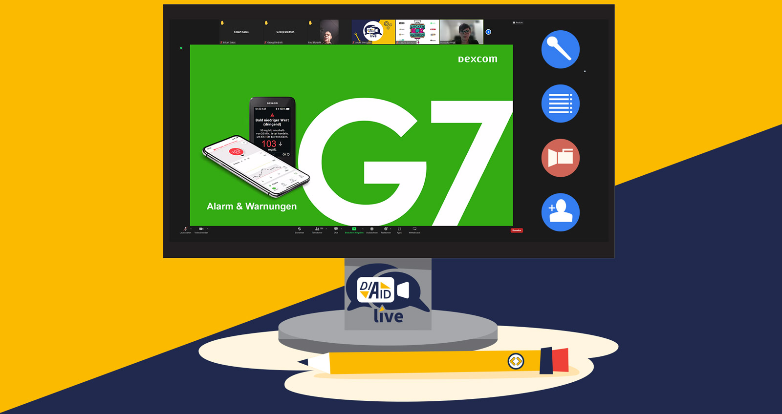 Auf einem Computerbildschirm ist die Videokonferenz zu sehen. Präsentiert wird eine Folie mit dem Logo des G7