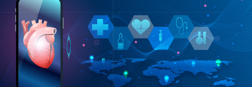 Collage einer intelligenten Krankenhausbehandlung für Herz, Kreislauf Erkrankungen, smarte Krankenhaustechnik