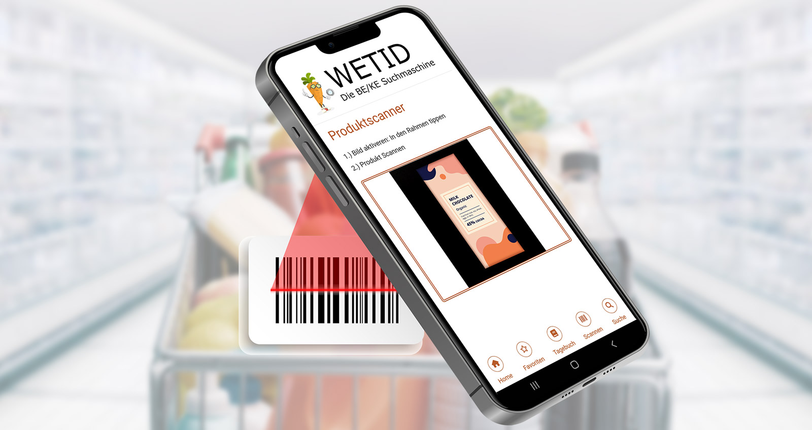 Vor einem Einkaufswagen ein Smartphone, welches einen Produktcode scannt, auf dem Display ist die App WETID geöffnet