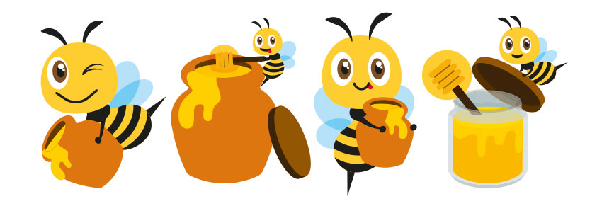 Cartoon - kleine Bienen mit Honigtöpfchen und Honigglas