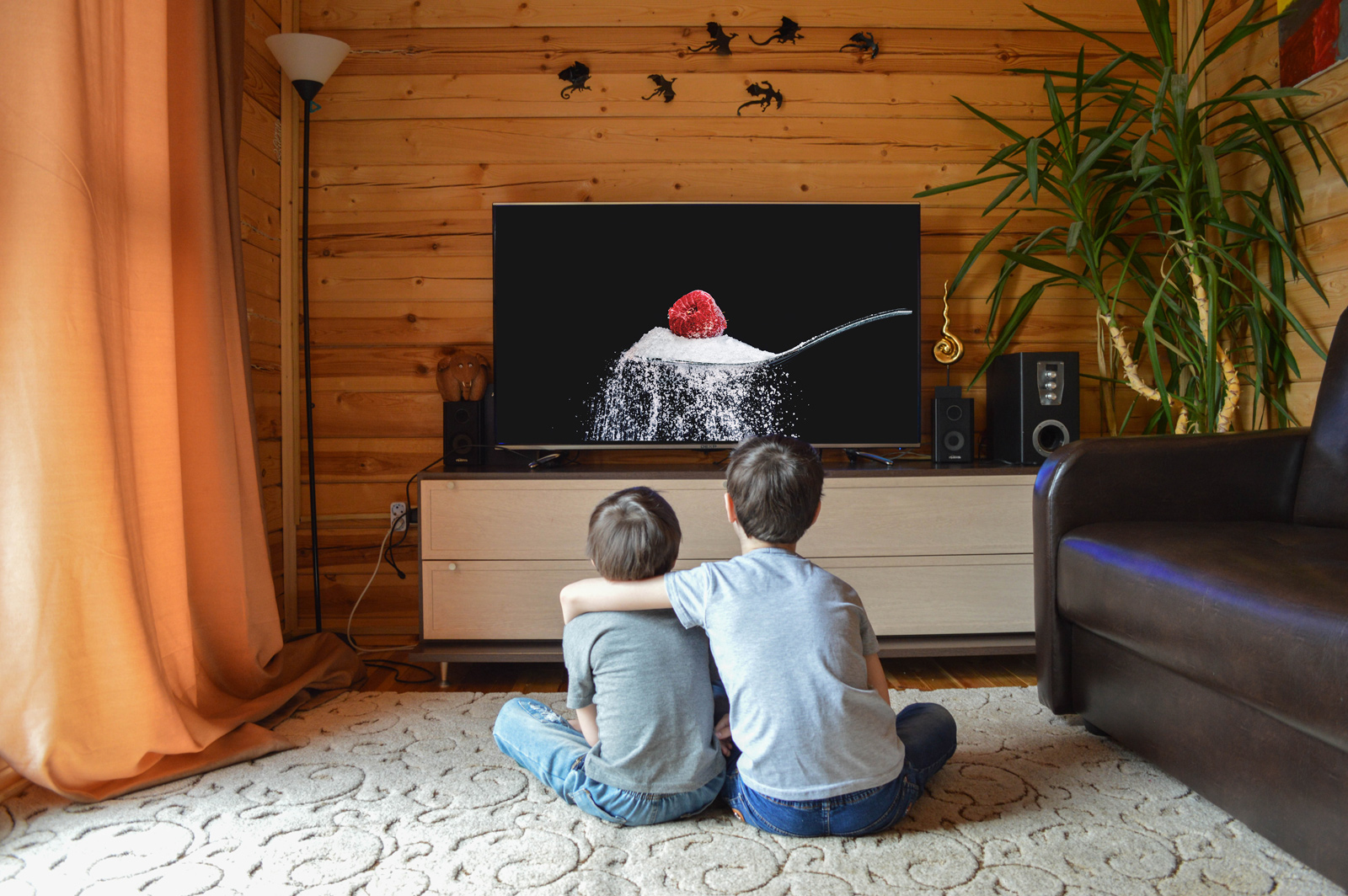 Kinder sehen in einem Fernseher einen Löffel voller Zucker