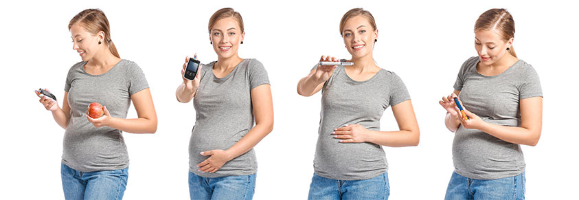 junge, schwangere Diabetikerin mit Messgeräte und Insulinspritze