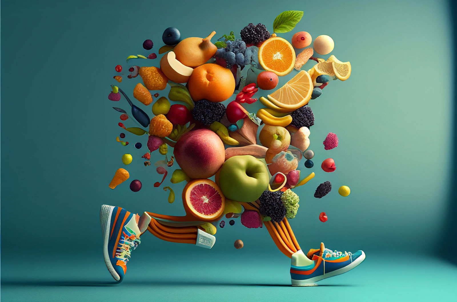 Bewegung und gesunde Ernährung - laufender Mann aus Obst und Gemüse, Konzept für einen gesunden Lebensstil