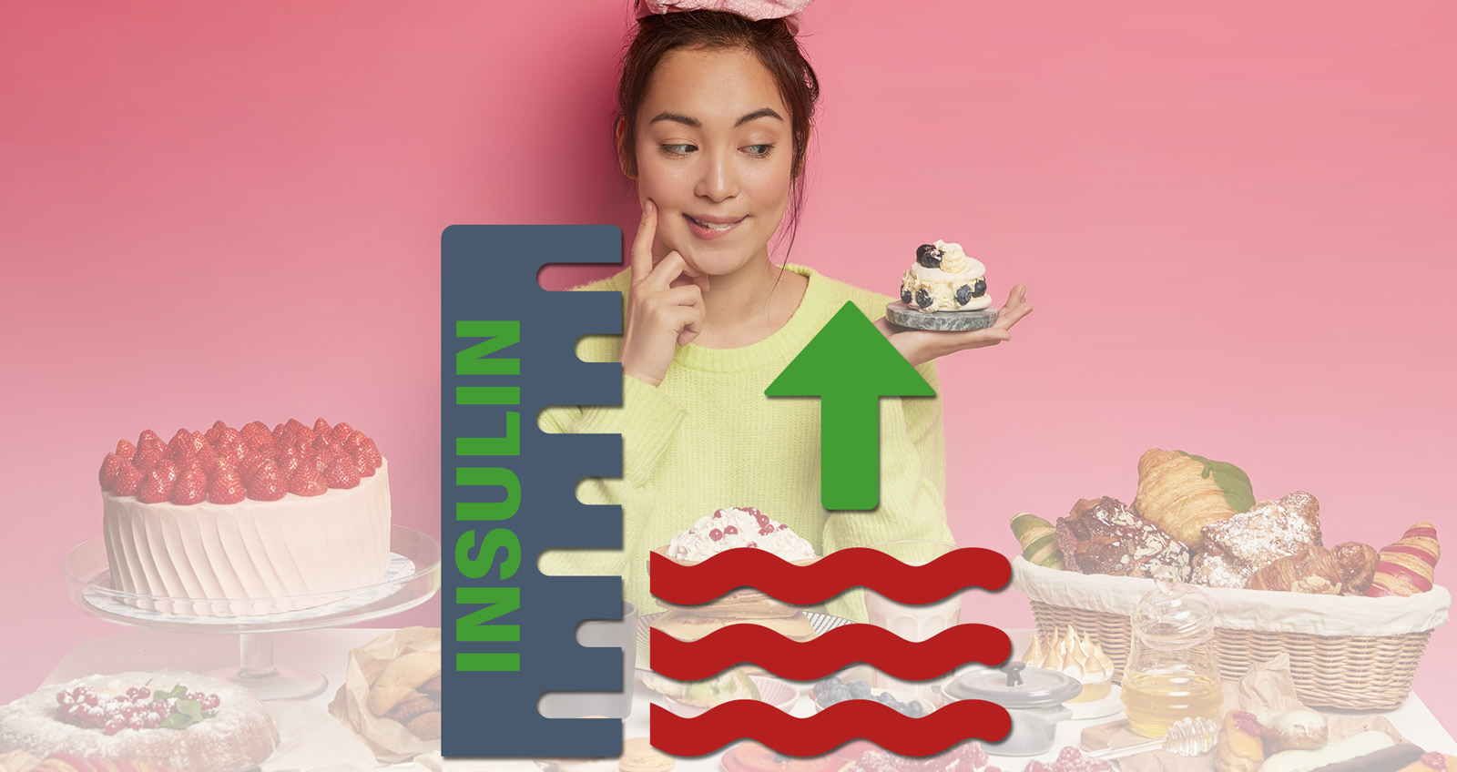 Eine junge Frau an einem Tisch voller Kuchen, in ihrer Hand ein Törtchen, auf welches sie blickt. Davor eine Grafik, die einen steigenden Insulinspiegel darstellt