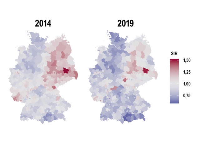 Eine Deutschlandkarte, die zeigt, dass die Zahlen bei Typ 2 Diabetes von 2014 zu 2019 am sinken sind