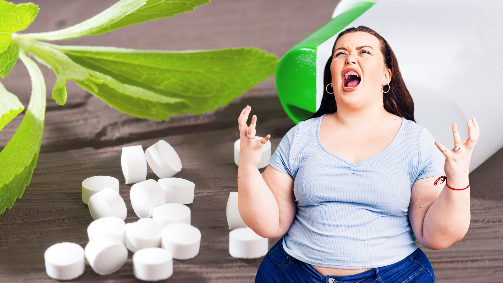 Im Hintergrund ein Süßstoffspender und ein Steviablatt, davor eine Frau mit Übergewicht, die genervt aufschreit