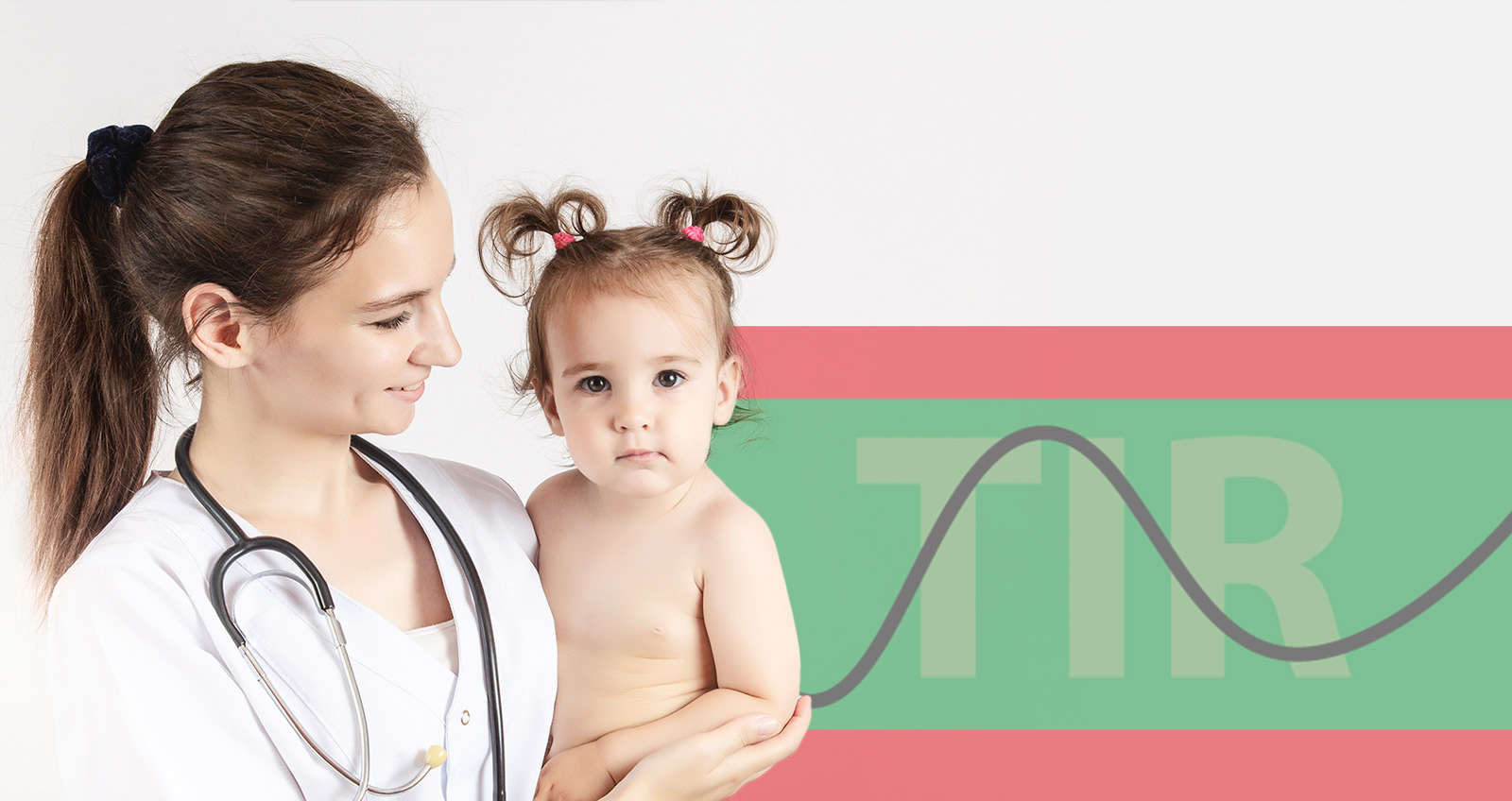 Eine Ärztin mit einem Kleinkind auf dem Arm, im Hintergrund eine perfekte TIR-Kurve