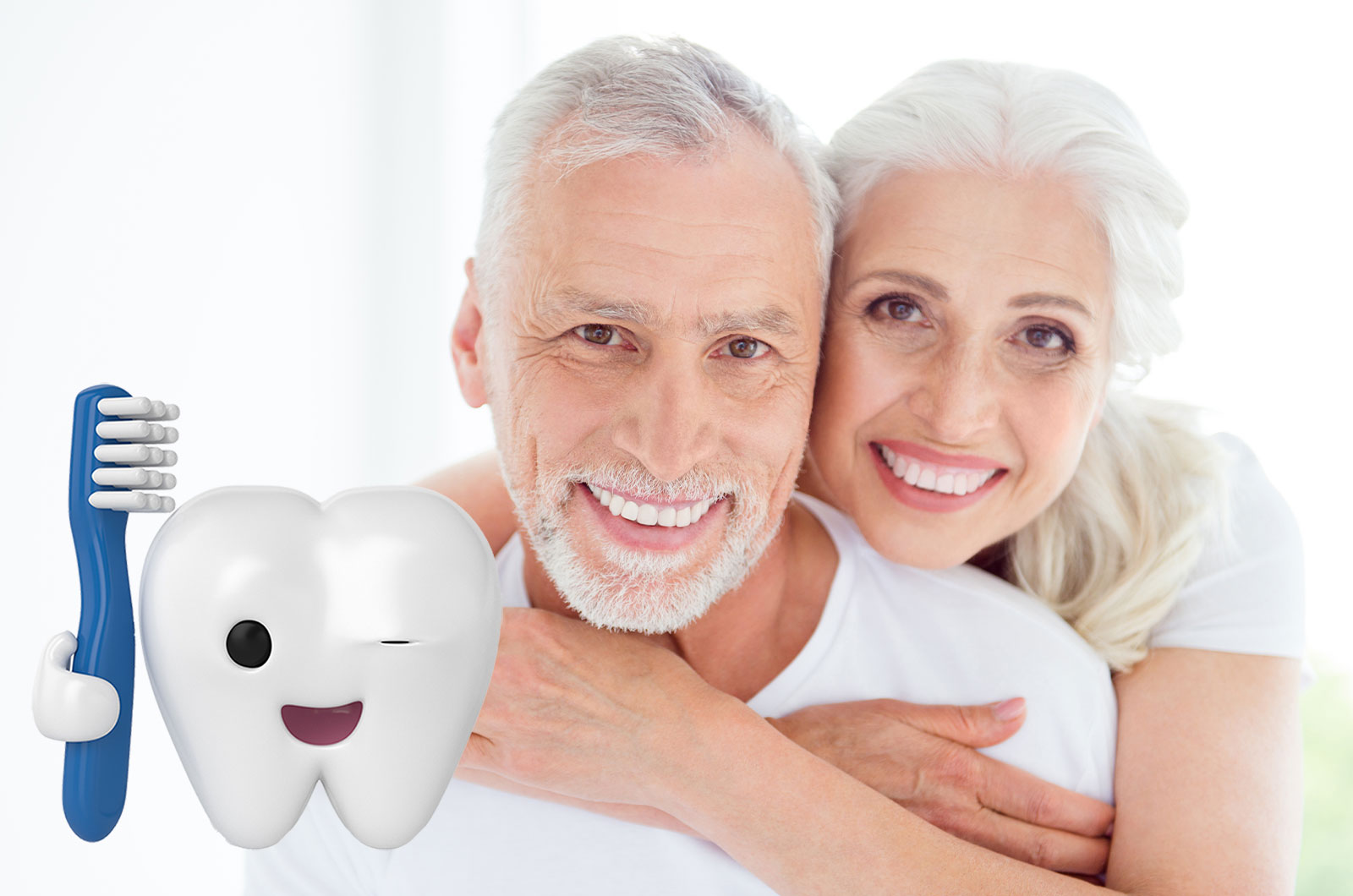 älteres Paar mit einem schönen Lächeln, Dank guter Zahnpflege und Mundhygiene, daneben ein Zahn mit Augenzwinkern und Zahnbürste