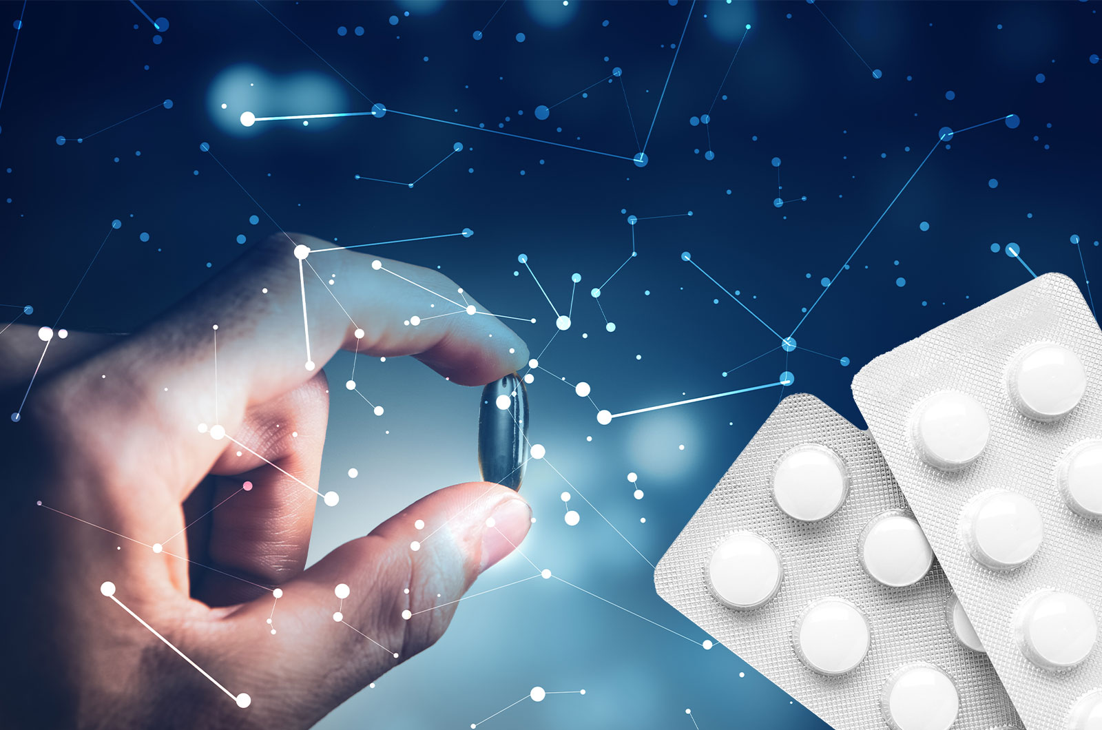 Tablette in der Hand, Blisterpackungen mit Tabletten Nahaufnahme Tablette in der Hand, Blisterpackungen mit Tabletten