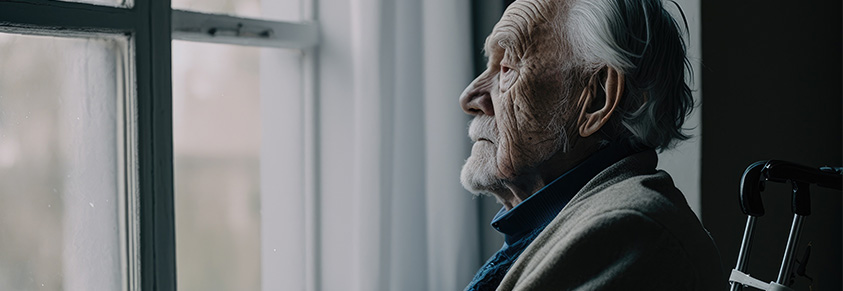Ein alter Mann schaut resigniert aus dem Fenster eines Pflegeheims