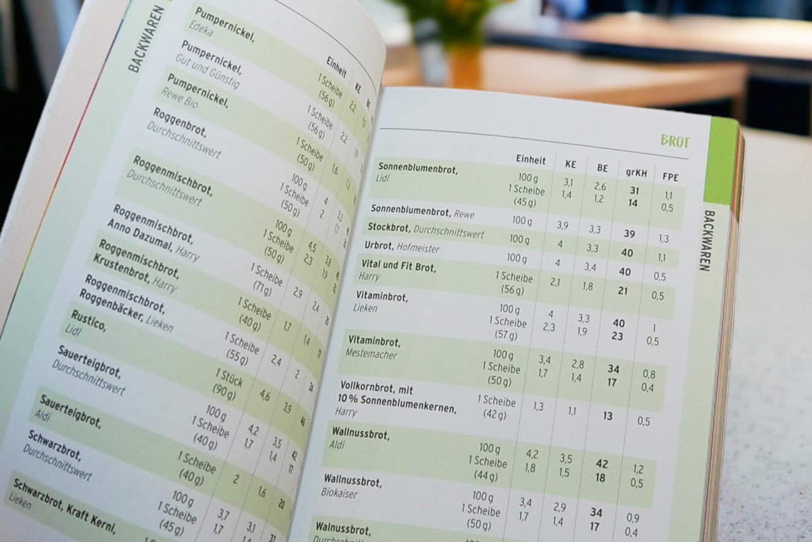 EIn Blick in eine Lebensmittel-Tabelle des WETID-Buches