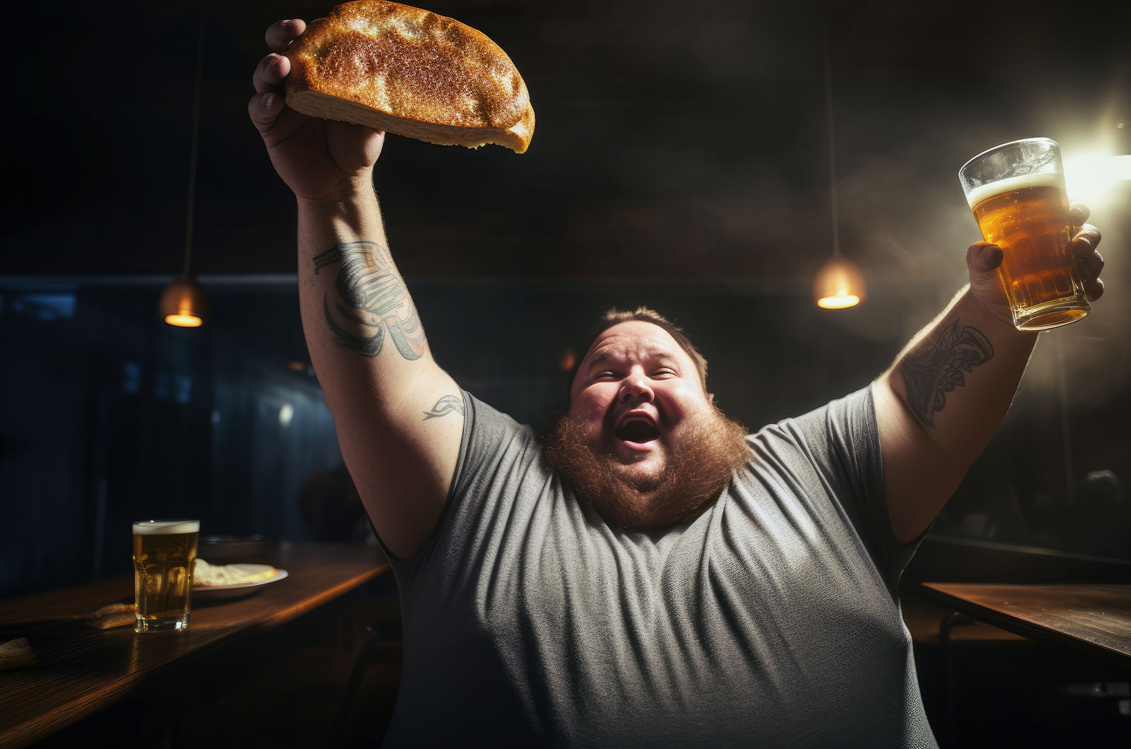 schwergewichtiger Mann mit Bierglas und dickem Weißbrot in der Hand, ungesunde Ernährung, Bewegungsmangel