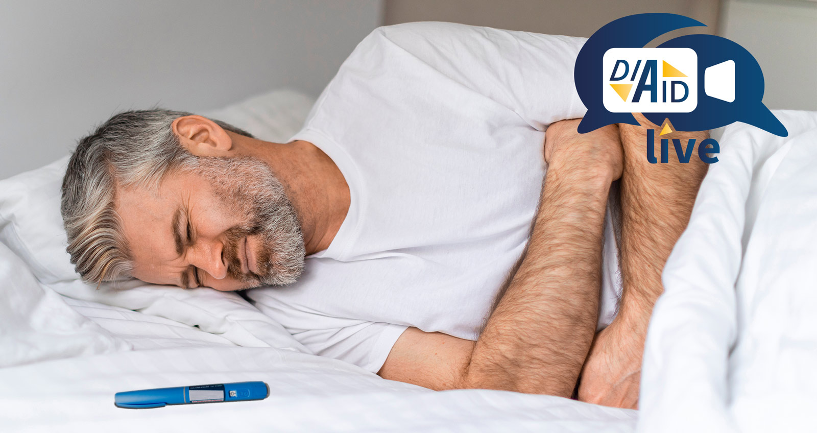 Nebenwirkungen von Diabetes-Medikamenten Ein Mann krümmt sich vor Schmerzen, vor sich eine Ozempic-Spritze