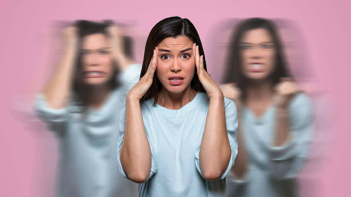 Stress - der Körper reagiert Eine Frau in 3 gestressten Posen, die ineinander verschwimmen