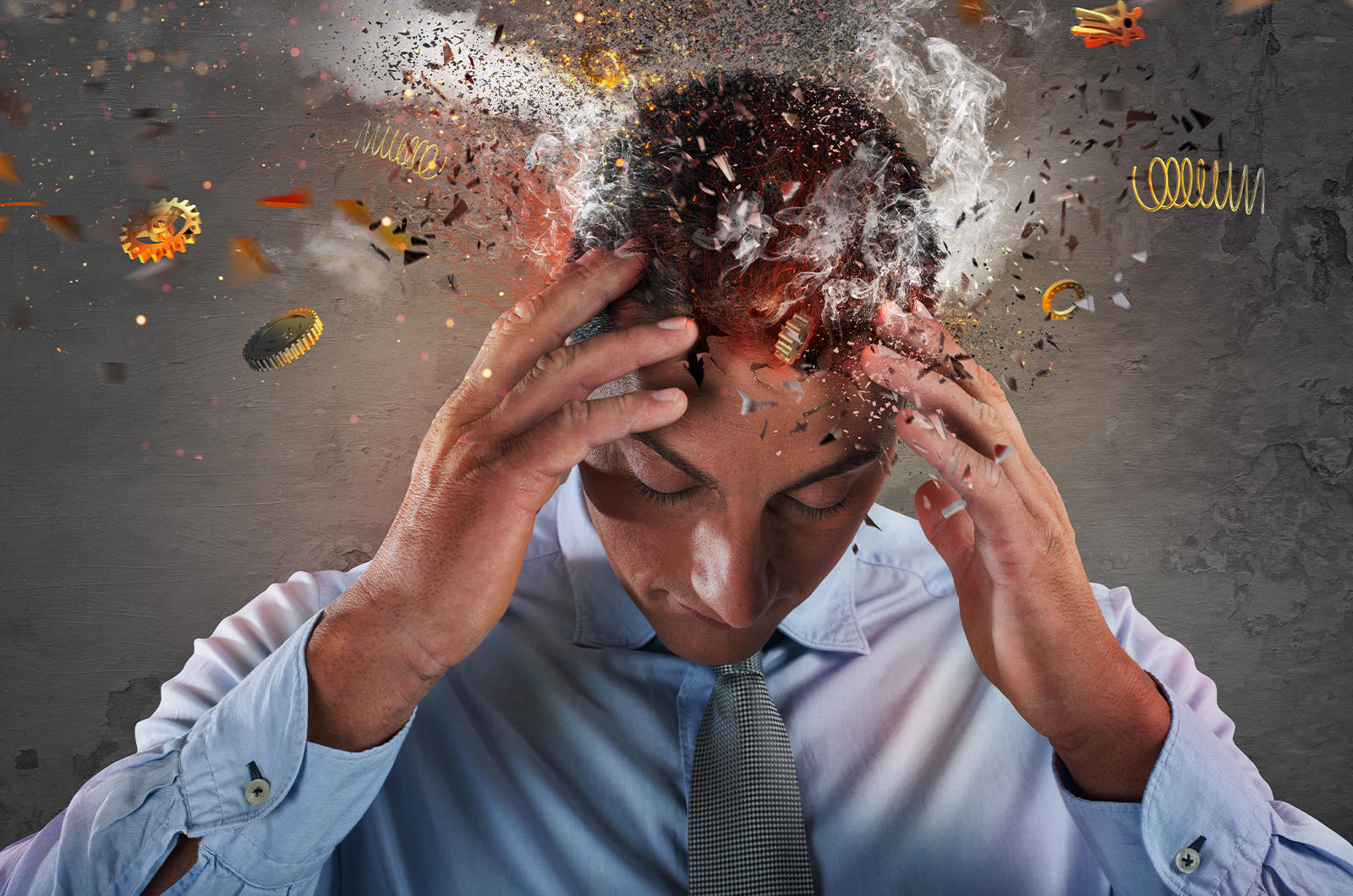 Stress blockiert die Blutzuckerkontrolle Explosion im Kopf, gestresster Geschäftsmann aufgrund von Überarbeitung