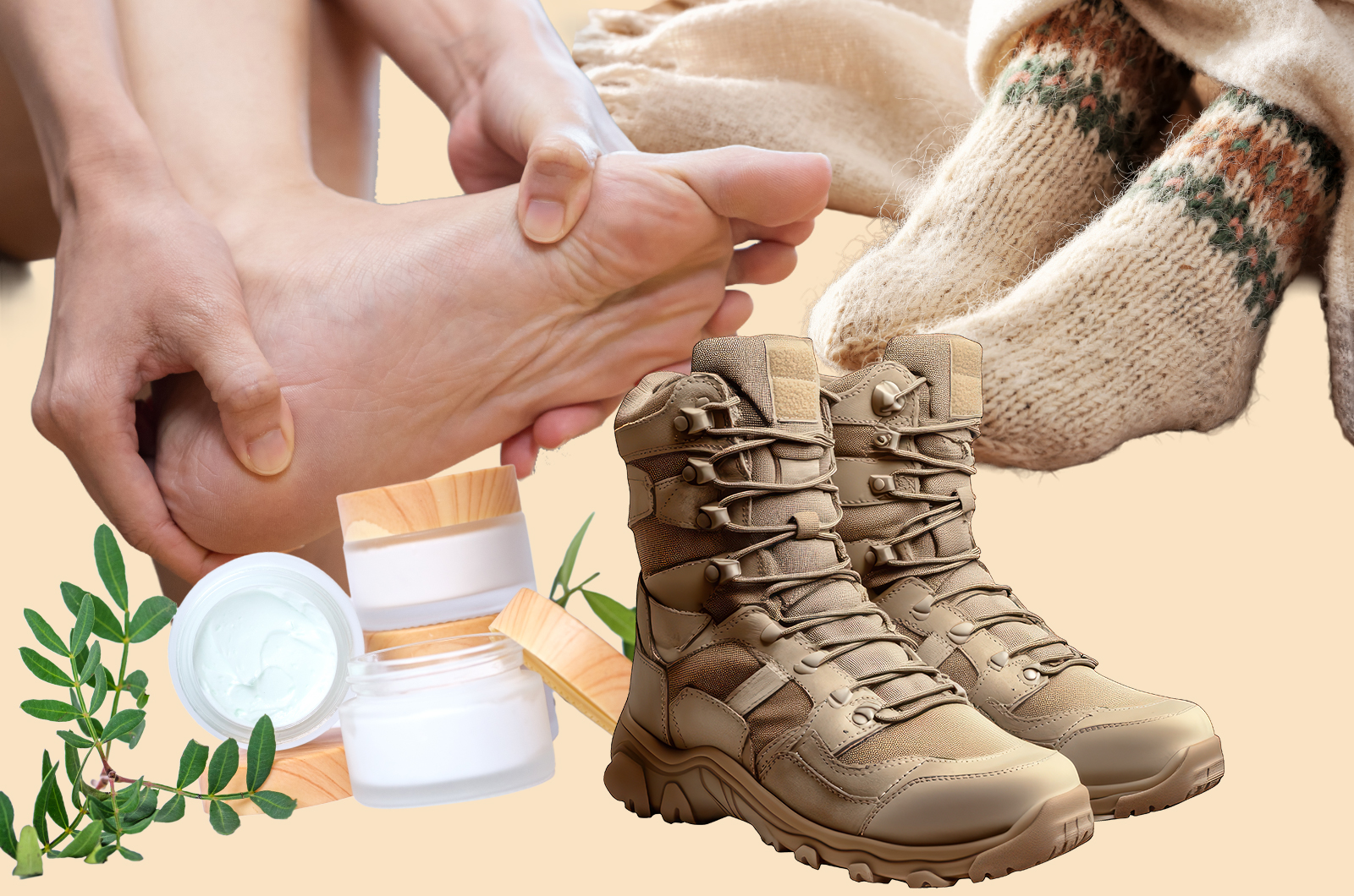 Collage, Fußkontrolle, Füße eingepackt in dicken Socken, Winterstiefel, Fußcreme