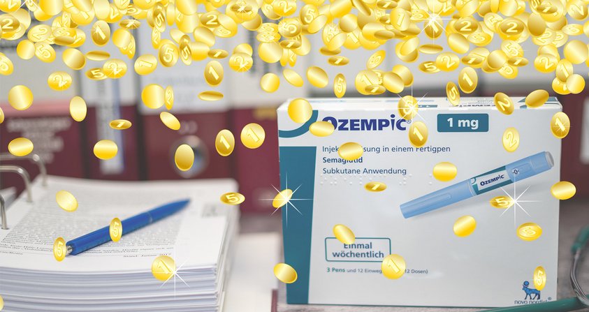 Es regnet Münzen auf eine Packung Ozempic