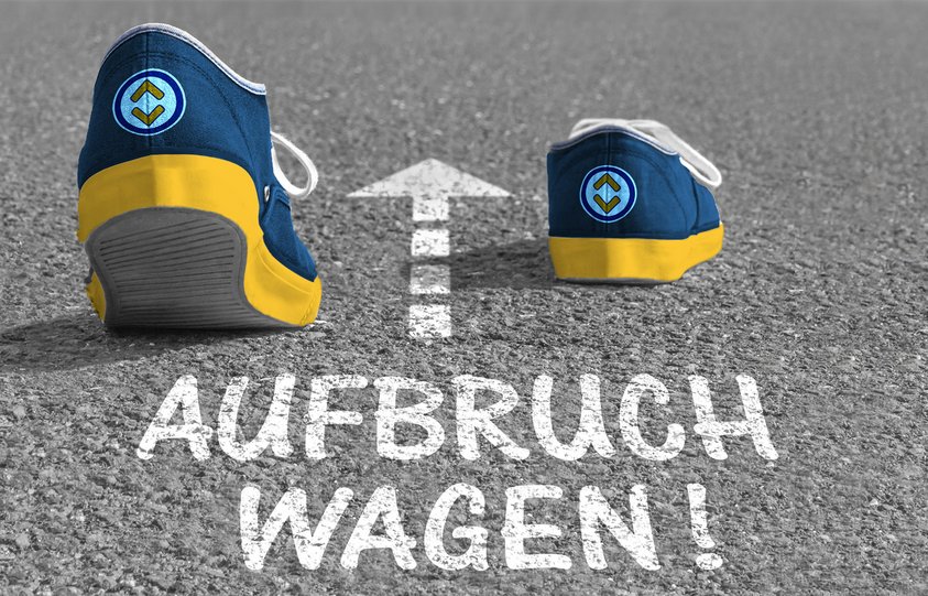 Aufbruch wagen Zwei Schuhe gehen in die Zukunft