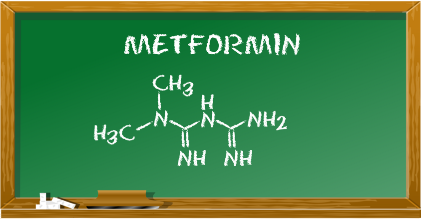 Schultafel mit Kreide beschrieben, enthält die chemische Strukturformel Metformin 