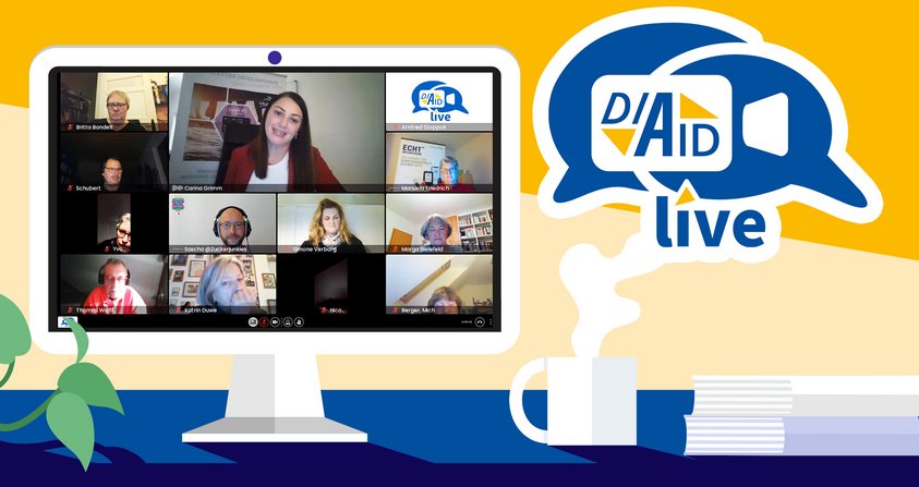 DIA-AID live Eine Grafik mit einem Computerbildschirm, der eine Videokonferenz zeigt
